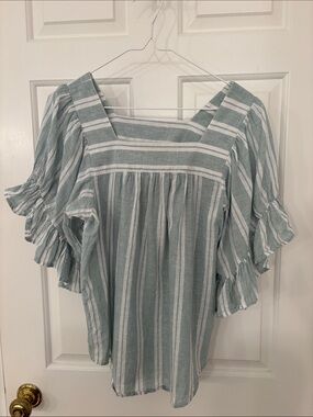 beachlunchlounge Sage and White Striped Square-Neck Blouse